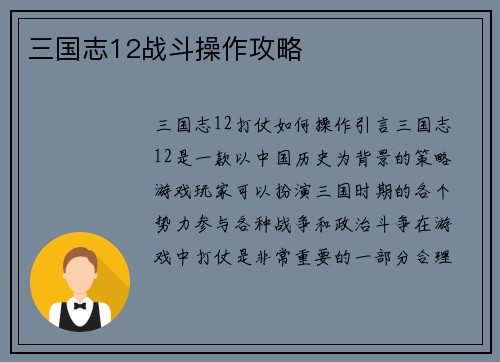 三国志12战斗操作攻略
