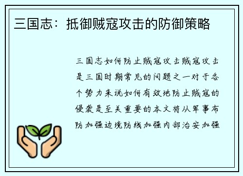 三国志：抵御贼寇攻击的防御策略