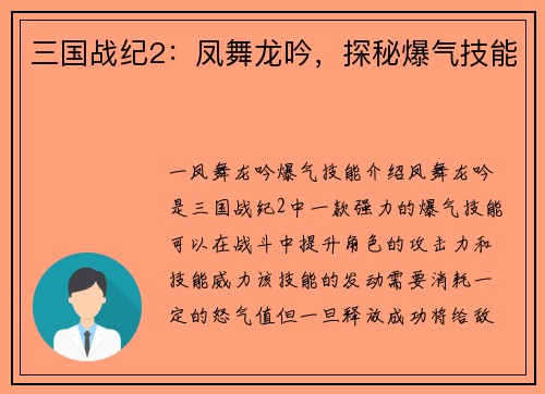 三国战纪2：凤舞龙吟，探秘爆气技能